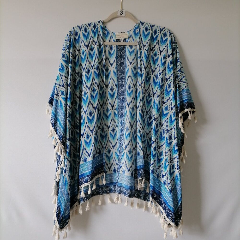 Bobbie & Brooks Blue Open Front Tassel Hem Argyle/Diamond Poncho Shrug One Size